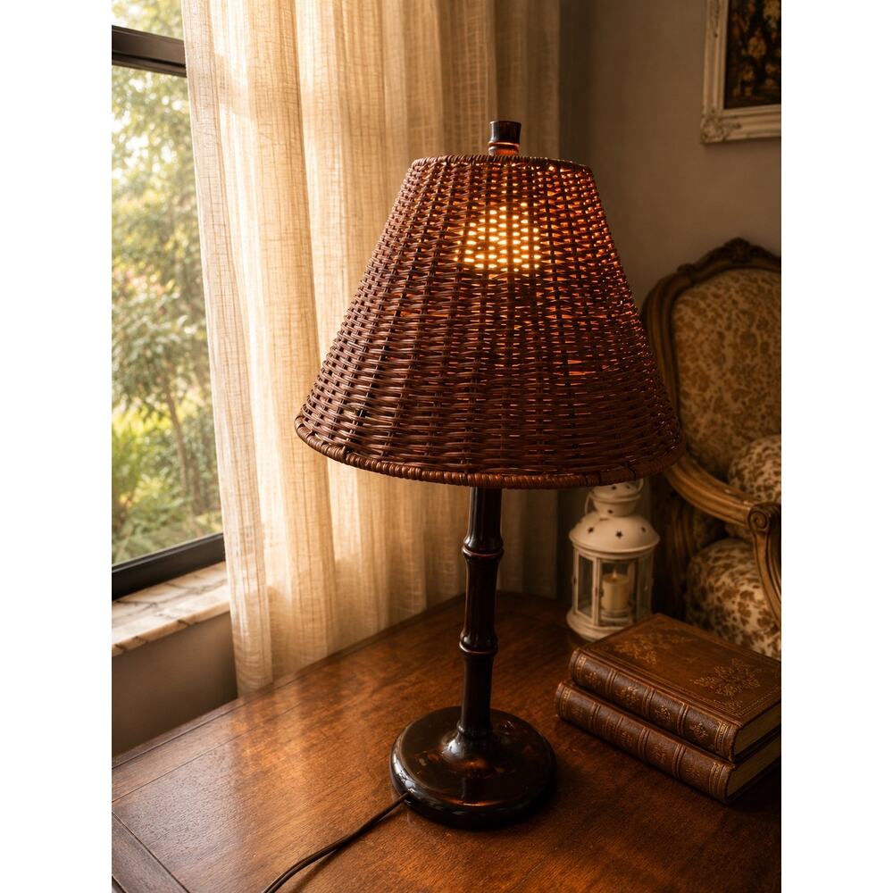 vintage table lamp Mid Century distinctive woven wicker shade and dark, polished